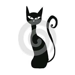 Black cat isolated on white background. Cartoon hand drawing. Halloween design. Witchcraft. Magic