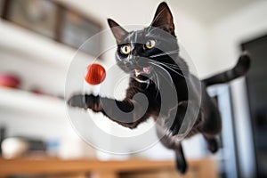 Black cat jumping around playing with a cat toy at home. Having fun with pets indoors