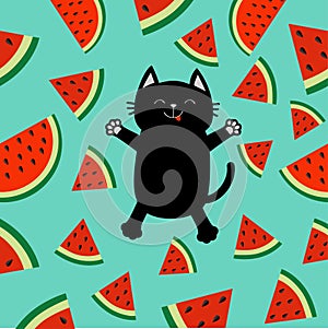 Black cat jumping or making snow angel. Watermelon slice icon cut with seed Triangle fruit cut. Hello Summer Cute cartoon characte