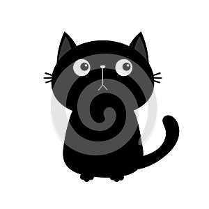 Black cat kitten face head body. Fat sitting kitten. Cute cartoon character. Kawaii baby pet animal. Notebook cover, tshirt,