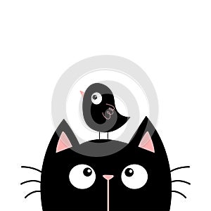 Black cat kitten face head looking at funny bird. Cute cartoon character. Kawaii baby pet animal. Scandinavian style. Notebook