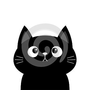 Black cat kitten head face looking up. Cute cartoon character. Pet baby collection. Happy Halloween. Greeting card. Flat design.