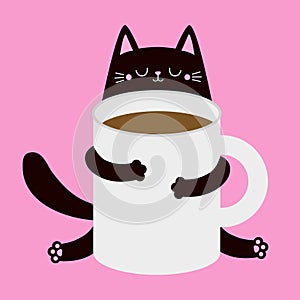 Black cat kitten holding white coffee tea cup. Good morning. Happy Valentines Day. Paws hand. Cute cartoon funny baby animal pet