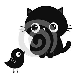 Black cat kitten looking at bird. Cute cartoon funny character. Kawaii baby pet animal. Notebook cover, tshirt, greeting card