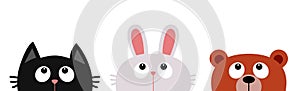 Black cat kitten, white bunny rabbit, brown bear head face looking up. Forest animal set. Big eyes. Cute cartoon kawaii baby
