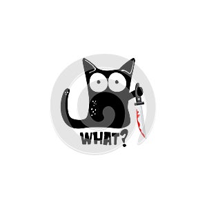 Black cat and knife isolated on white background. Funny Halloween black cat holding a bloody knife. Halloween concept