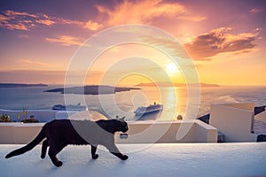 A black cat on a ledge at sunset at Fira town, with view of caldera, volcano and cruise ships, Santorini, Greece.