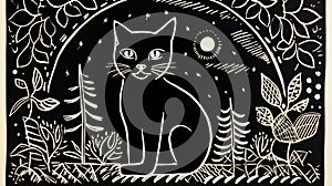 Black Cat Linocut Print American Iconography Inspired Outdoor Art