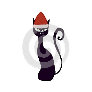 Black cat with long tail and big eyes in Santa`s red hat isolated on white. Christmas concept. Mug, stationery, sticker, packaging