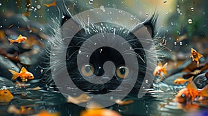 A black cat is looking at a group of fish in a pond