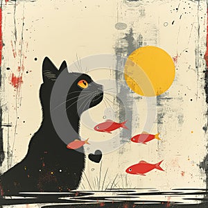 Black cat is looking at a group of fish