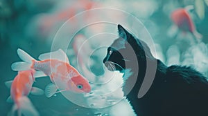 A black cat looking at a group of goldfish in water, AI