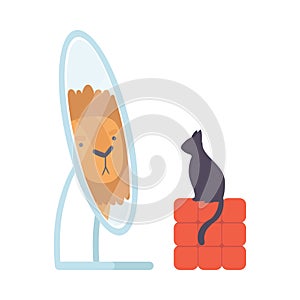 Black Cat Looking at Mirror Pretend to Be Lion Vector Illustration