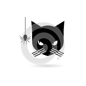 Black cat looking at a spider icon or logo