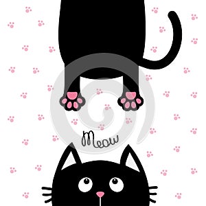 Black cat looking up. Funny face head silhouette. Meow text. Hanging fat body tail. Kawaii animal. Baby card. Cute cartoon charact