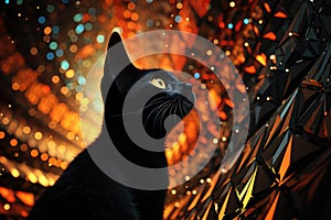 A black cat looking up at the stars in a dark background, AI