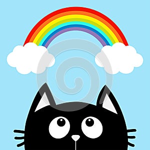 Black cat looking up to cloud and rainbow. Cute cartoon character. Valentines Day. Kawaii animal. Love Greeting card. Flat design.