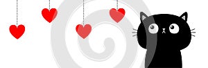 Black cat looking up to hanging red hearts. Dash line. Happy Valentines Day. Line banner. Heart set. Cute cartoon character.