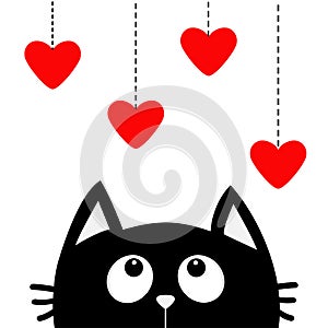 Black cat looking up to hanging red hearts. Dash line. Heart set Cute cartoon character. Valentines Day. Kawaii animal. Love Greet
