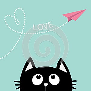 Black cat looking up to pink flying origami paper plane. Dashed line Heart loop. Love text. Cute cartoon animal character. Valenti