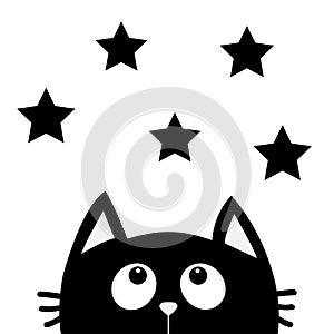 Black cat looking up to star shape. I love cats. Cute cartoon funny character. Kawaii animal. Love Greeting card. Flat design styl