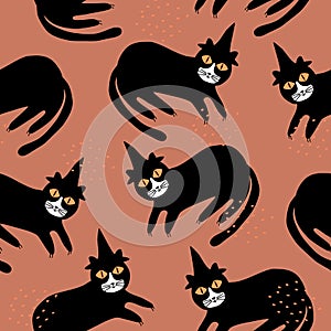 Black cat with magic hat and yellow eyes vector illustration. Spooky feline character. Halloween seamless pattern.