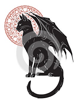 Black cat with monster wings isolated. Witch familiar spirit, halloween or pagan witchcraft theme print design vector illustration