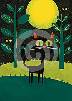 Black cat at moon night for Halloween card. Scary spooky magic animal in dark forest