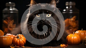 A black cat with orange pumpkins in halloween night