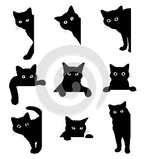 Black cat peeking out of corner set vector flat illustration Funny looking feline with mustache