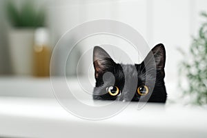 Black cat peeking from white bathtub in minimalist bathroom Ai photo