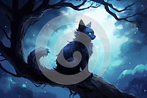 Black cat perched on tree branch. This image can be used to depict mystery, Halloween, or spooky atmosphere