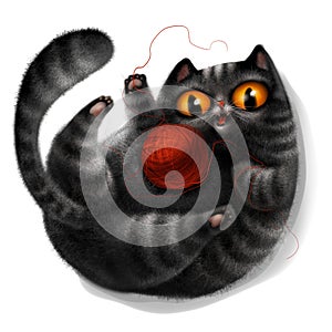 Black cat playing with Ball of wool. Cartoon character. Digital illustration