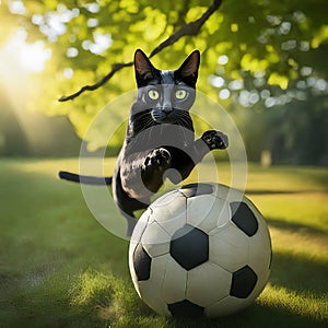 A black cat is playing with a football. close-up view