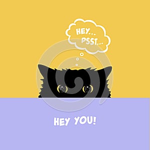 Black cat playing Hide and Seek. Cute cat with yellow eyes peeking over table. Flat illustration with comic dialog cloud.