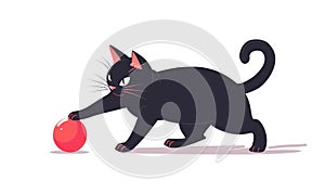 Black cat playing with a red ball isolated on white background. Flat illustration for web. Image for animal shelters