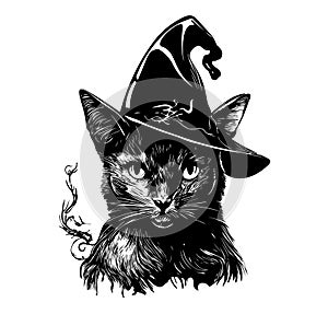Black cat with pointy witch hat line art and dot work.