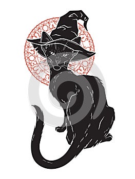 Black cat with pointy witch hat line art and dot work. Witch familiar spirit, halloween or pagan witchcraft theme tapestry print