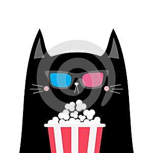 Black cat and popcorn. Cinema theater. Cute cartoon funny character. Film show. Kitten watching movie in 3D glasses. Kids print