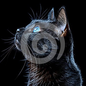 Black cat portrait stunning blue eyed feline on dark background captured with sony a1 at 85mm f8