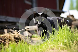 a black cat prowling around a barn