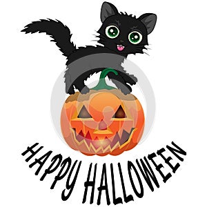 Black cat and pumpkin for Halloween with an inscription `Happy Halloween`