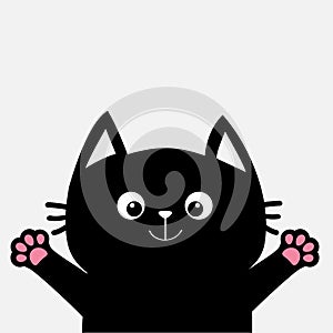 Black cat ready for a hugging. Open hand paw print. Kitty reaching for a hug. Funny Kawaii animal. Baby card. Cute cartoon charact