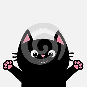 Black cat ready for a hugging. Open hand pink paw print. Kitty reaching for a hug. Funny Kawaii animal. Baby card. Cute cartoon ch