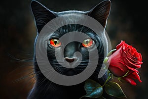 Black cat with red eyes holding rose. Generative AI