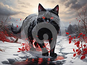 Black cat with red eyes in the wild, ai generated