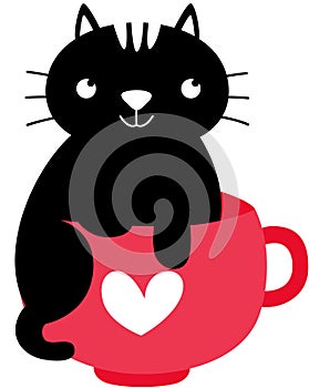 Black cat on red tea cup
