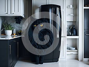 black cat with a black refrigerator in a white kitchen.