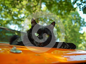 Black Cat resting on an old orange car