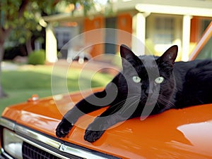 Black Cat resting on an old orange car